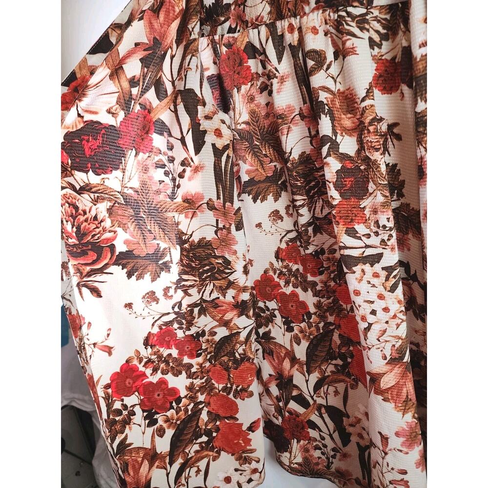 H&M Short Floral Fall Colors Red and Brown Shift Dress Long Sleeve Button Down - Picture 9 of 14